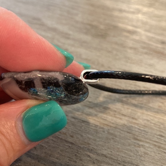 Hand crafted 2 tone purple and dichroic smooth fused glass pendant on black cord - Picture 6 of 10